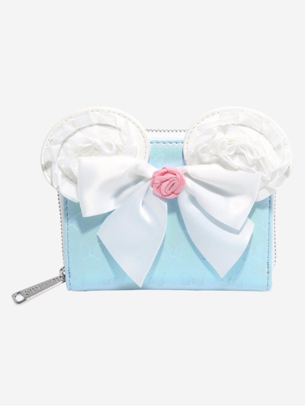 Loungefly Light Blue Bow Wallet with White Rose Ears and Pink Rose Accent